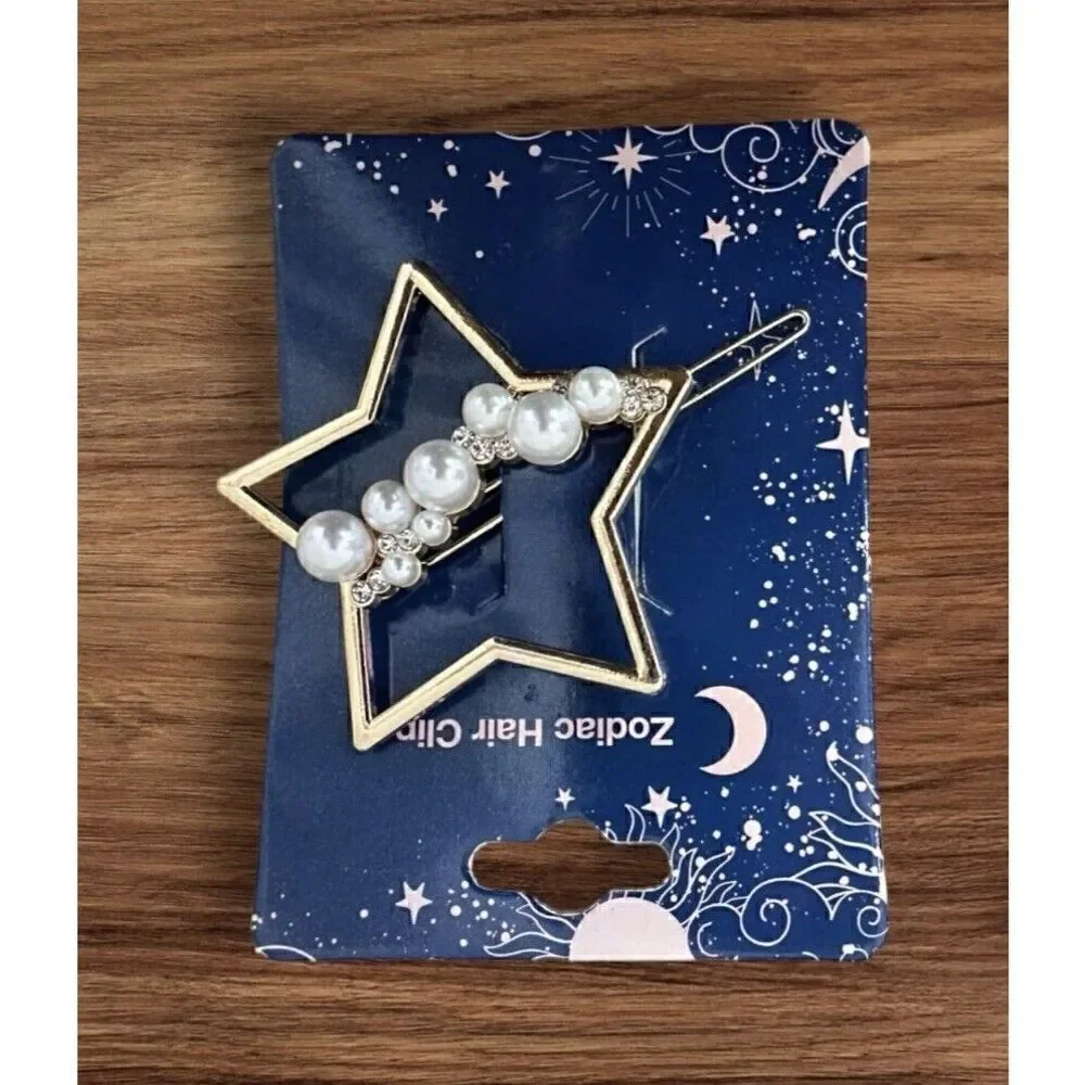 NWT 2 Inch Zodiac Gold Plated Metal Faux Imitation Pearl Star Hair Clip Barrette